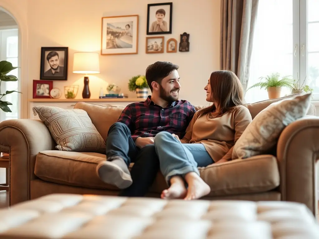 A couple engaged in a heartfelt conversation, sitting comfortably in a cozy setting, representing open communication and emotional connection in relationships, fostering understanding and empathy.
